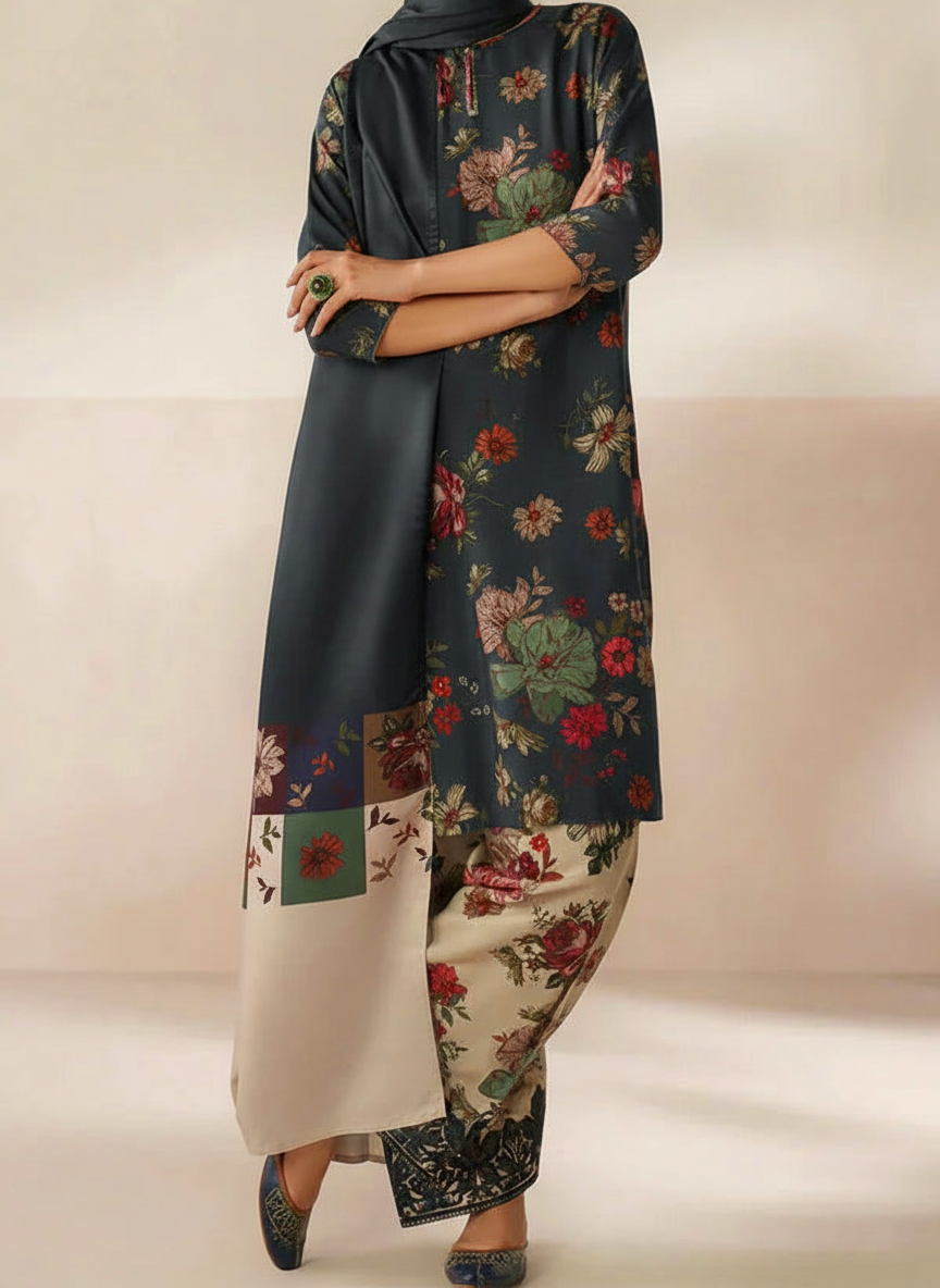 Grace W783 - Digital Printed 3pc Karandi Dress With Digital Printed Karandi Shawl.