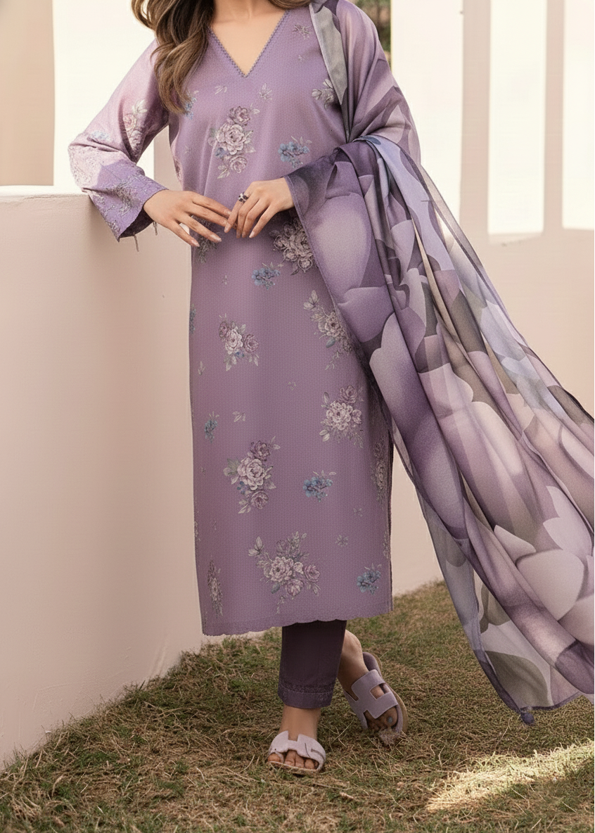 Grace W809 - Digital Printed 3pc Karandi Dress With Digital Printed Karandi Shawl.