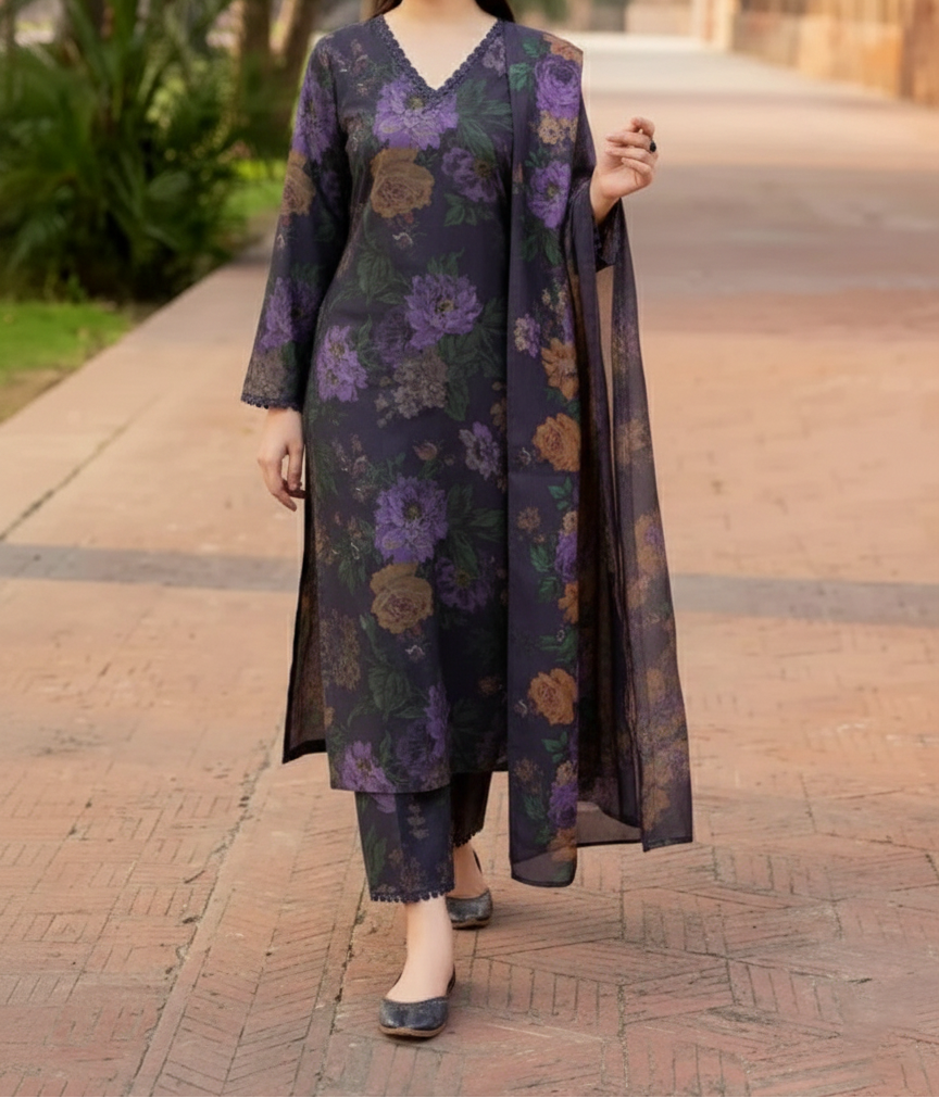 Grace W836 - Digital Printed 3pc Karandi Dress With Digital Printed Karandi Shawl.