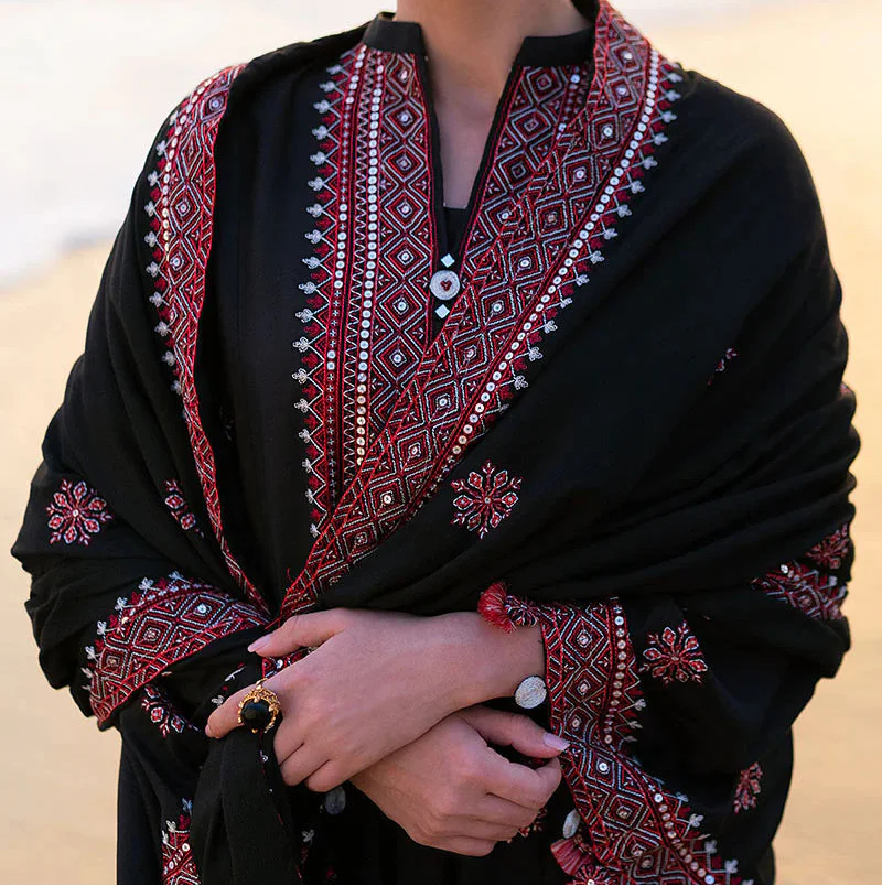 Grace Z-(W825) - Stitched Embroidered 3pc Marina Dress With Printed Shawl.