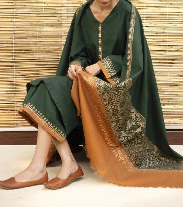 Grace W269- Embroidered 3pc marina dress with Digital Printed wool shawl.