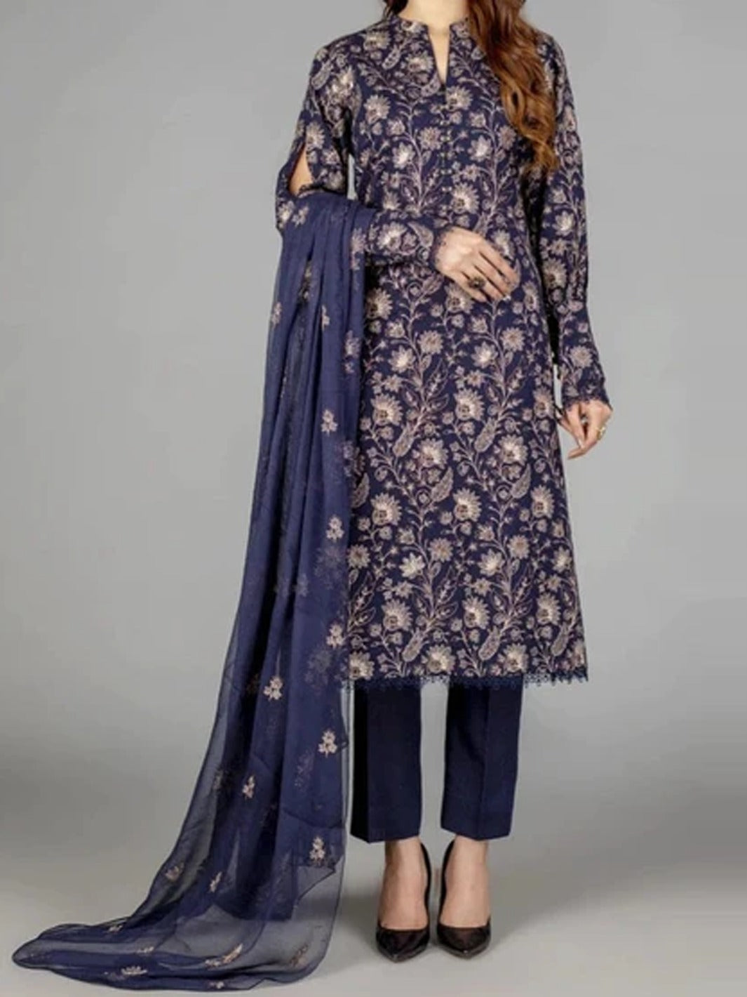 Grace W127 - Embroidered 3pc linen dress with embroidered chiffon dupatta