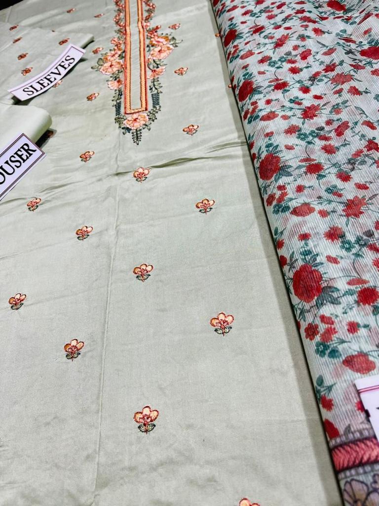 Grace W347- Embroidered 3pc Linen dress with Printed dupatta.