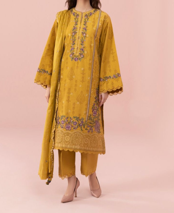 Grace W407- Embroidered 3pc linen dress with Embroidered chiffon dupatta.