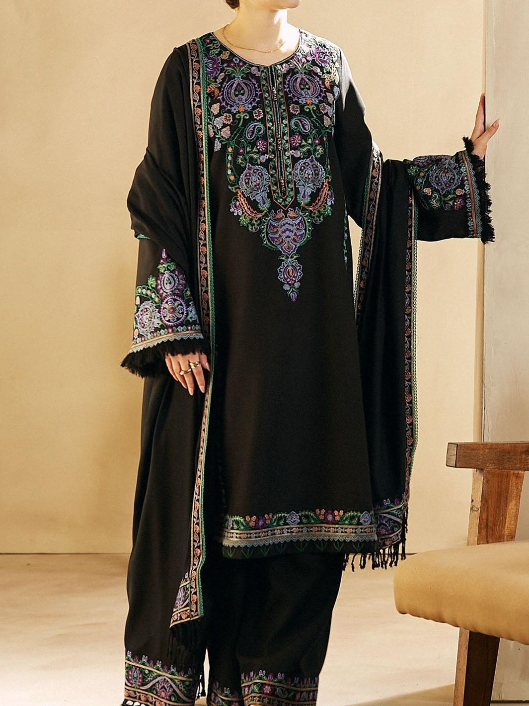Grace W439- Embroidered 3pc marina dress with Embroidered marina shawl.