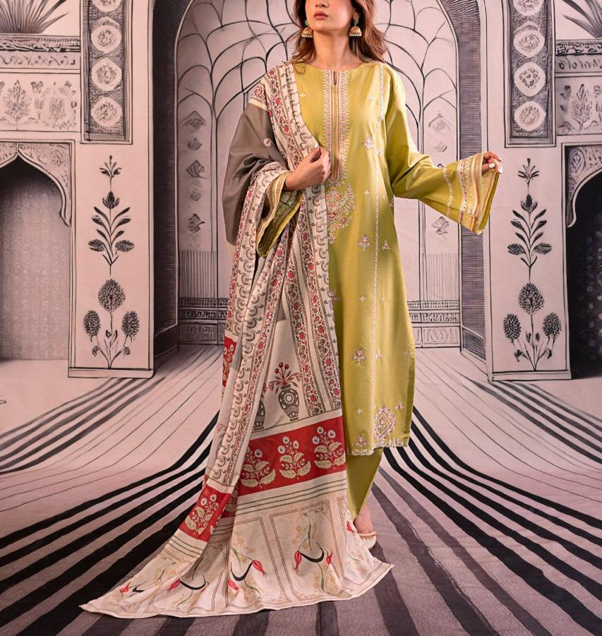 Grace S1091-Embroidered 3pc Lawn dress with Printed Munar Dupatta.