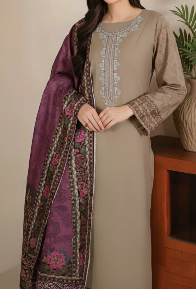 Grace W755 - Embroidered 3pc Marina Dress With Printed Shawl.