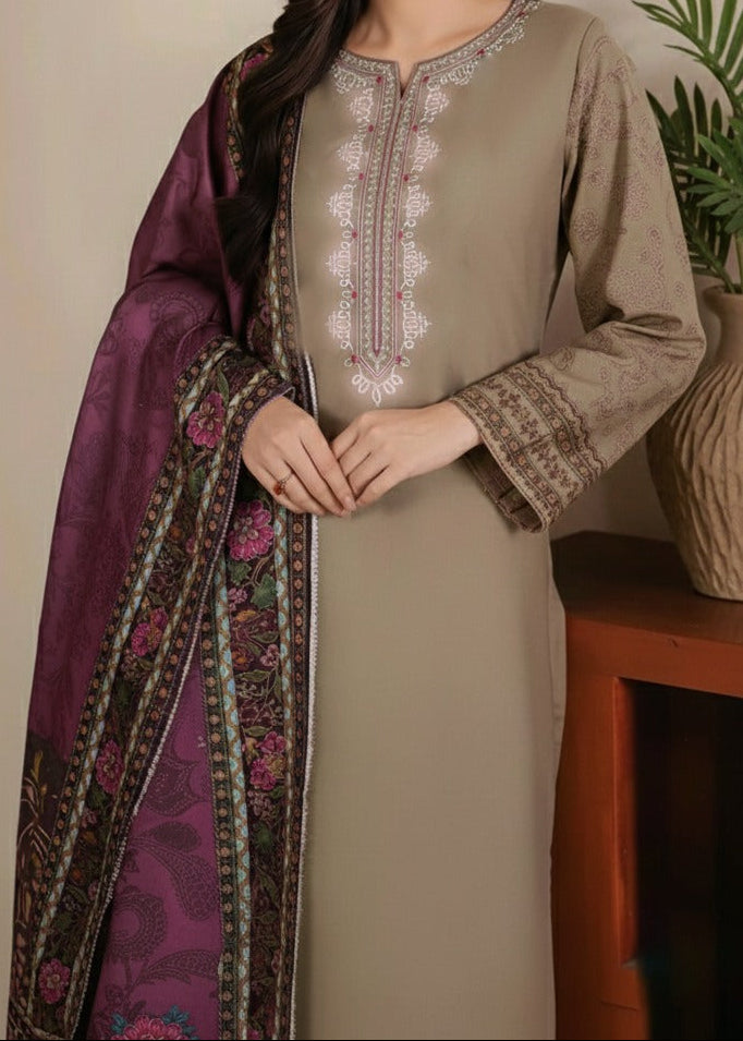 Grace Z-(W755 ) - Stitched Embroidered 3pc Marina Dress With Printed Shawl.