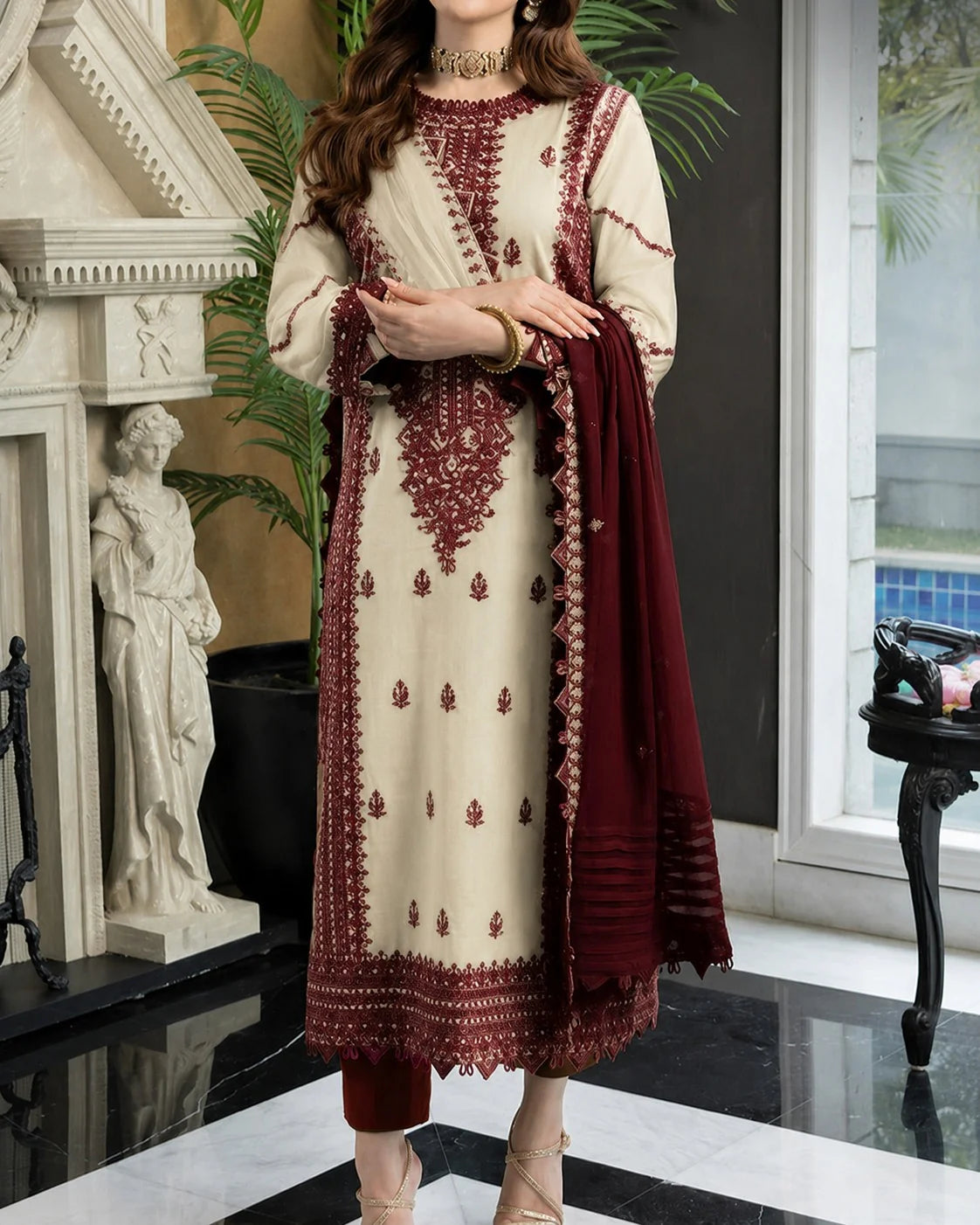 Grace Z-(S1469) - Stitched Embroidered 3PC Lawn dress with Embroidered chiffon dupatta.