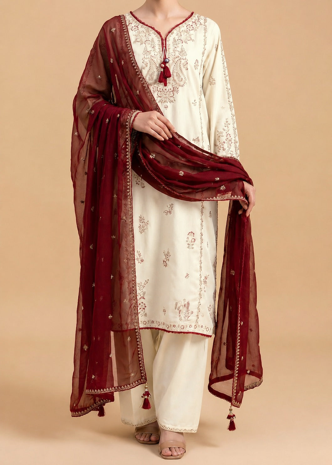 Grace W1035-Embroidered 3pc Marina Dress With Embroidered Chiffon Dupatta