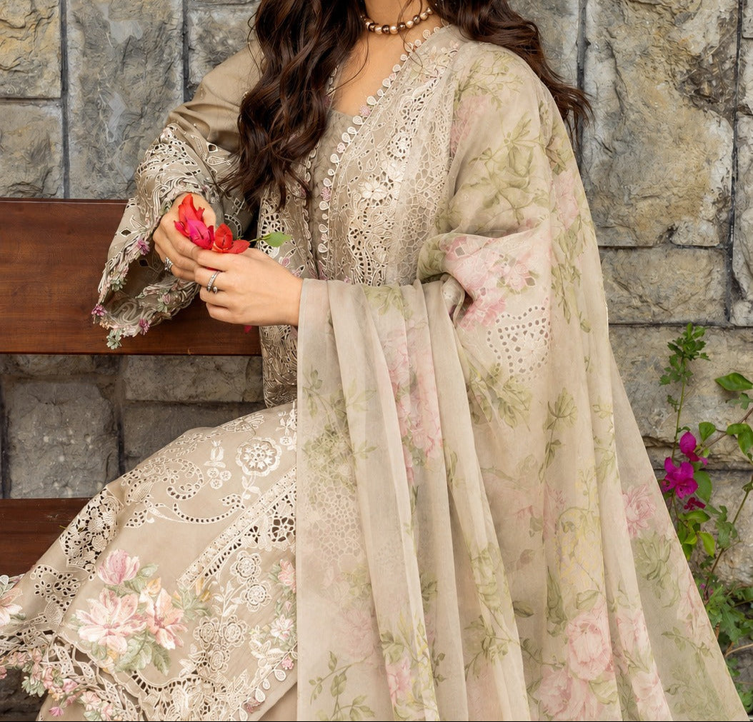 Grace S1509 - Embroidered 3pc CHIKANKARI Lawn Dress With Printed Chiffon Dupatta.