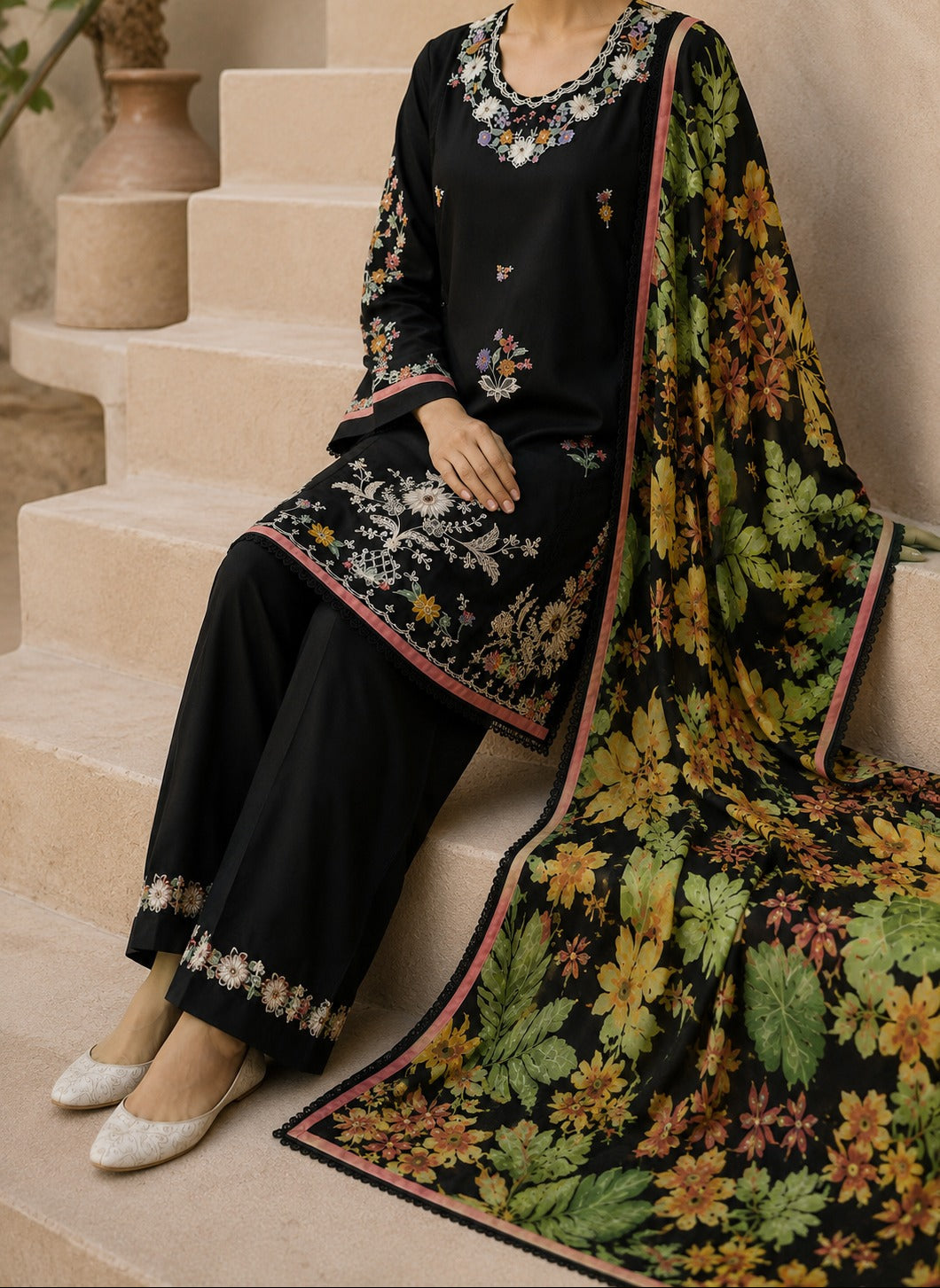 Grace S1535-Embroidered 3pc Lawn Dress With Printed Chiffon Dupatta.