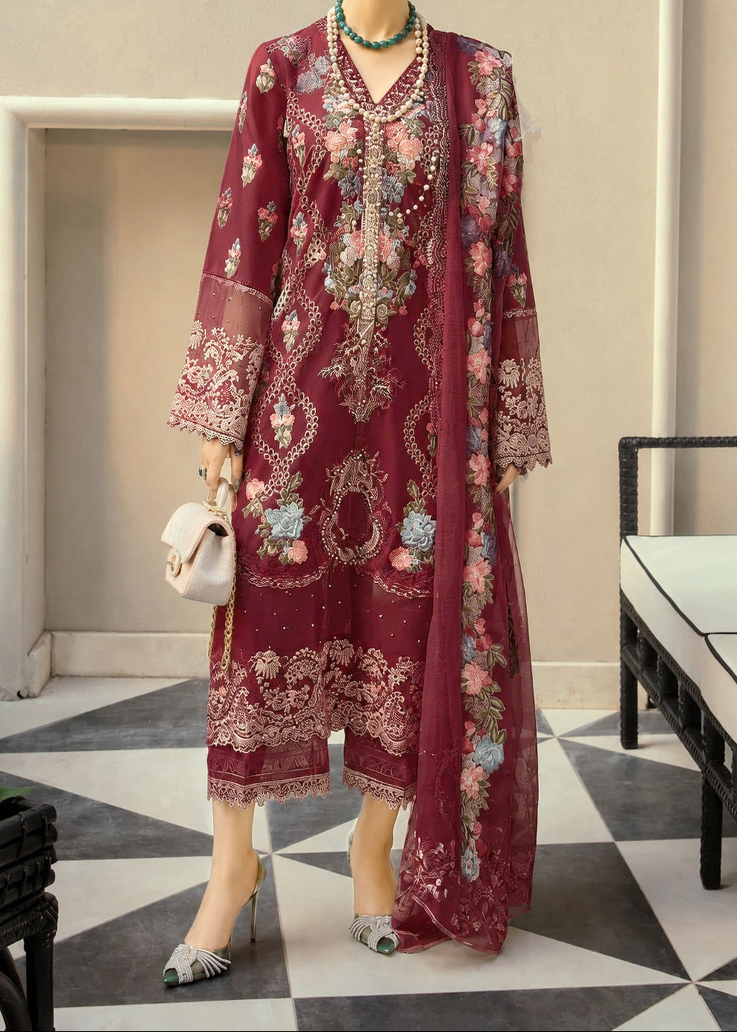 Grace S1539-Embroidered 3pc Lawn Dress With Embroidered Organza Dupatta.