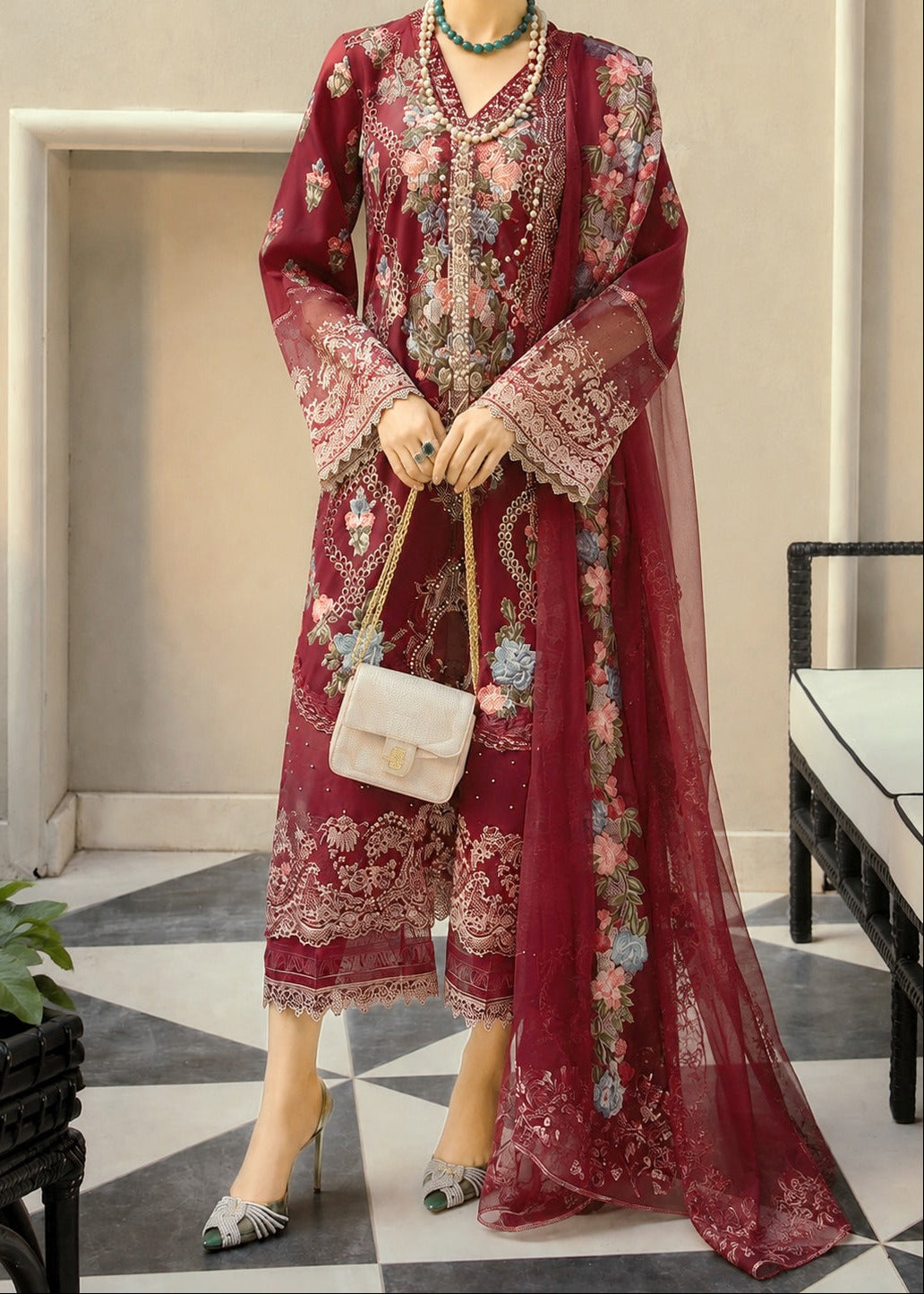 Grace S1539-Embroidered 3pc Lawn Dress With Embroidered Organza Dupatta.