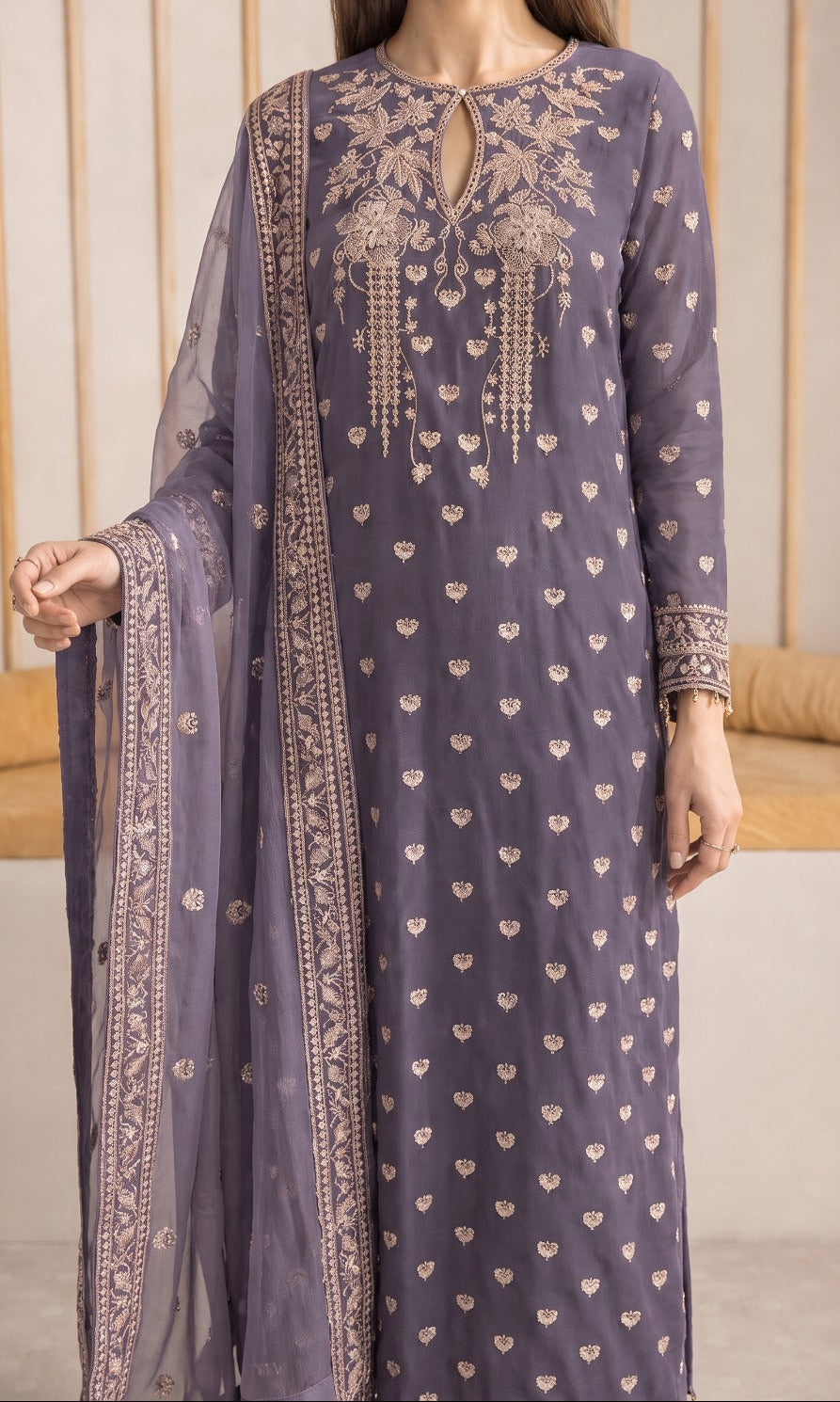 Grace W1024-Embroidered 3pc Marina Dress With Embroidered Khadi Net Dupatta.