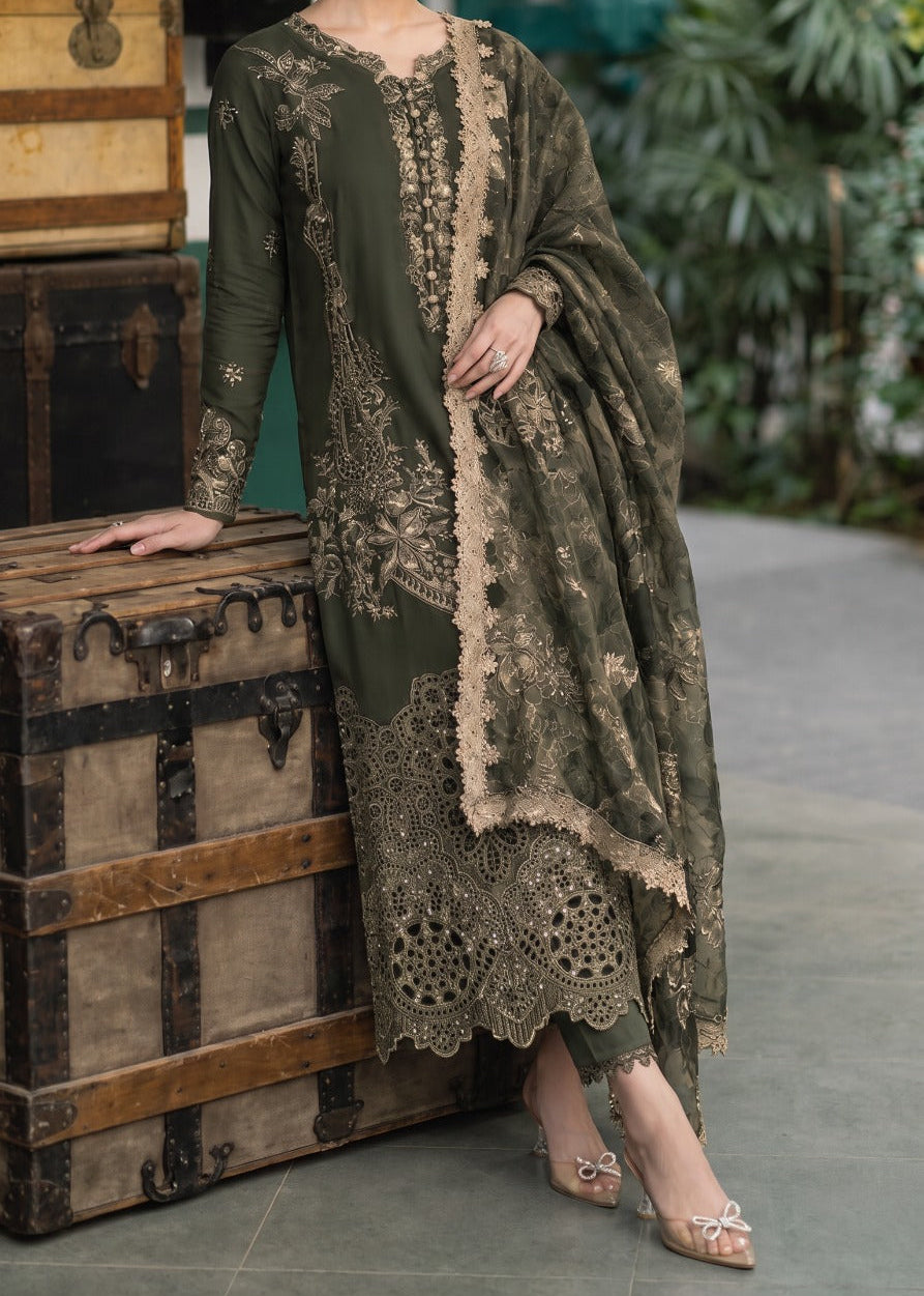 Grace W1048 - Embroidered 3pc CHIKANKARI Marina Dress With Printed Shawl.