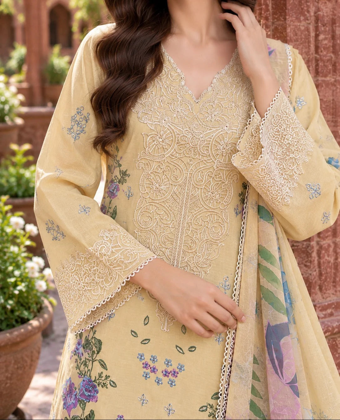 Grace Z-(S1624) - Stitched Embroidered 3pc Lawn Dress With Printed Polly Lawn Dupatta.