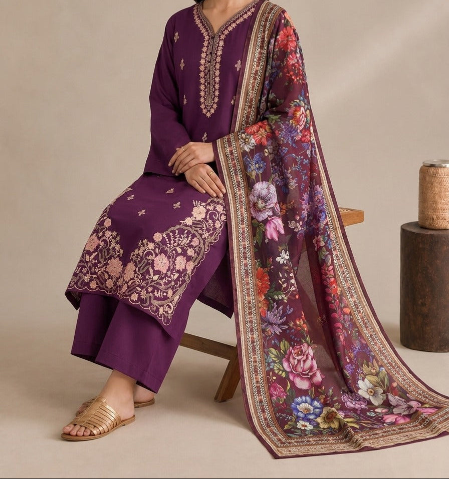Grace W1090 - Embroidered Sequence 3pc Marina Dress With Printed Shawl.