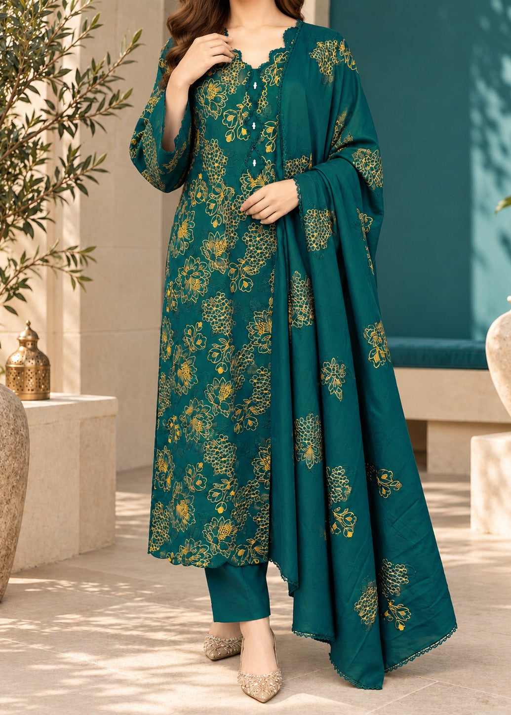 Grace W1103 - Embroidered 3pc Marina Dress With Embroidered Marina Shawl.
