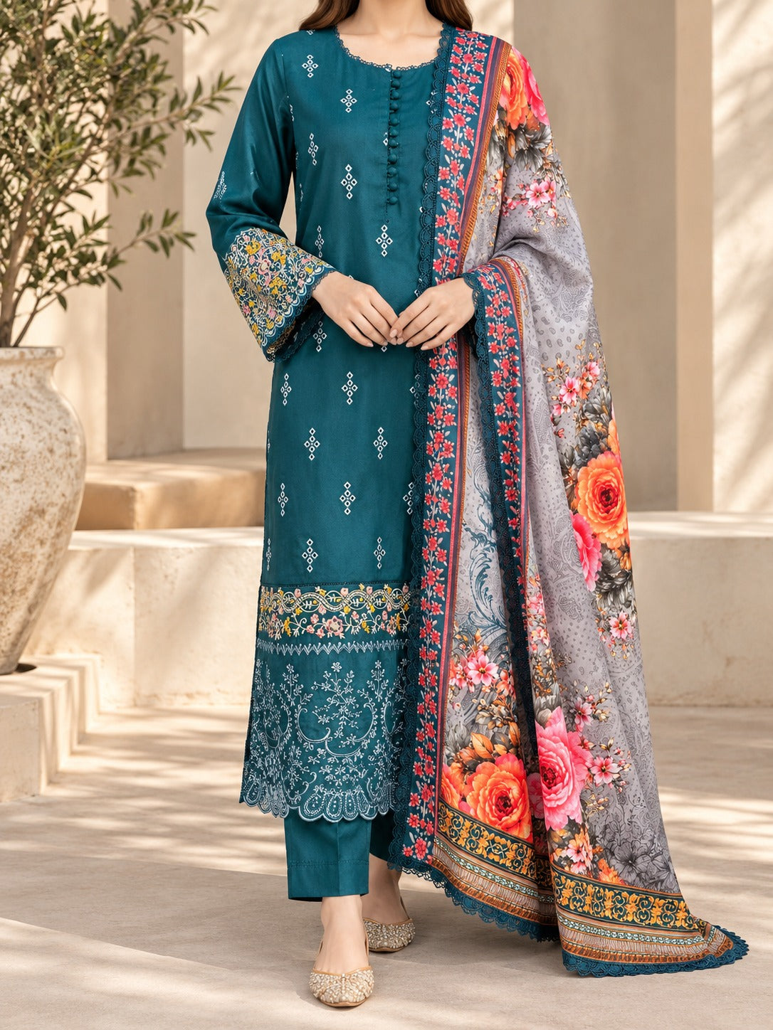 Grace W1083 - Embroidered 3pc Chikankari Marina Dress With Printed Shawl.