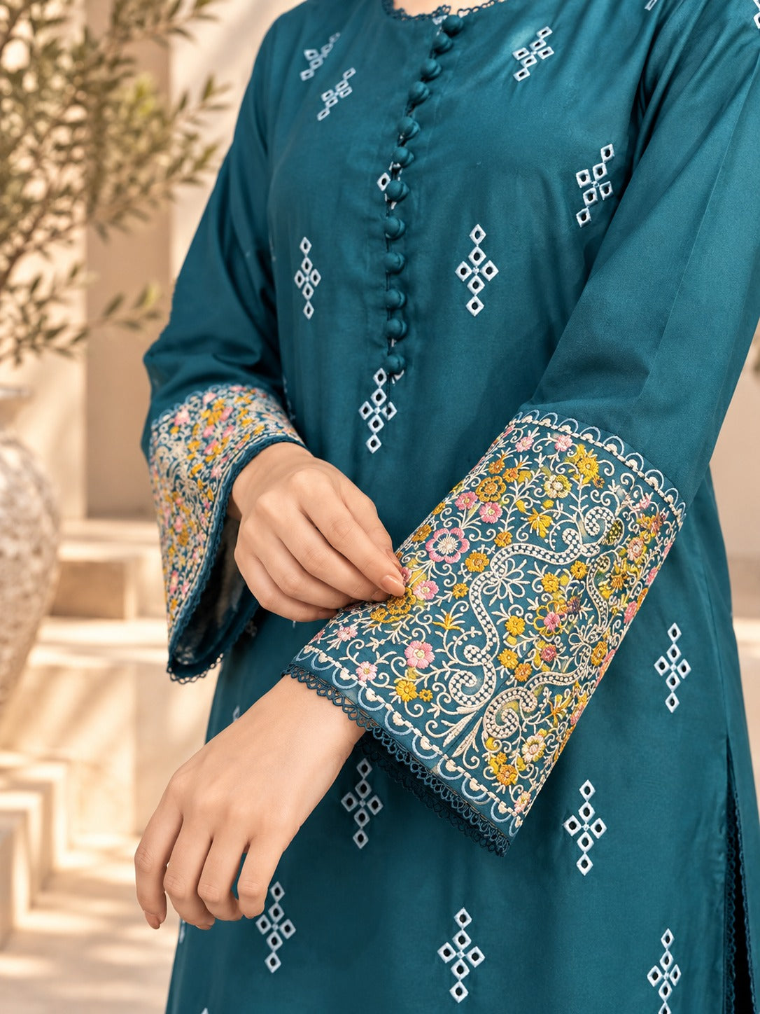 Grace W1083 - Embroidered 3pc Chikankari Marina Dress With Printed Shawl.