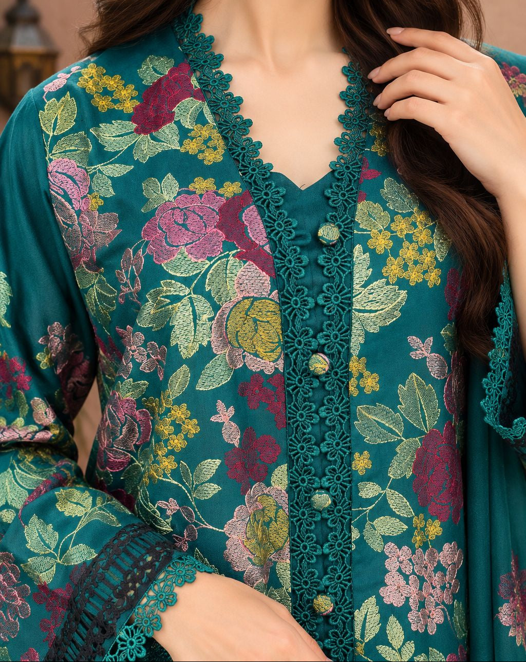 Grace W1122 - Embroidered 3pc Marina Dress With Embroidered Chiffon Dupatta.