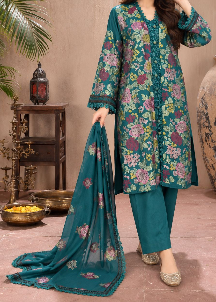 Grace W1122 - Embroidered 3pc Marina Dress With Embroidered Chiffon Dupatta.