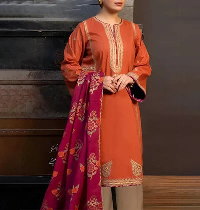 Grace Z-(S988)- Stitched Embroidered 3PC Lawn Dress With Printed Munar Dupatta.