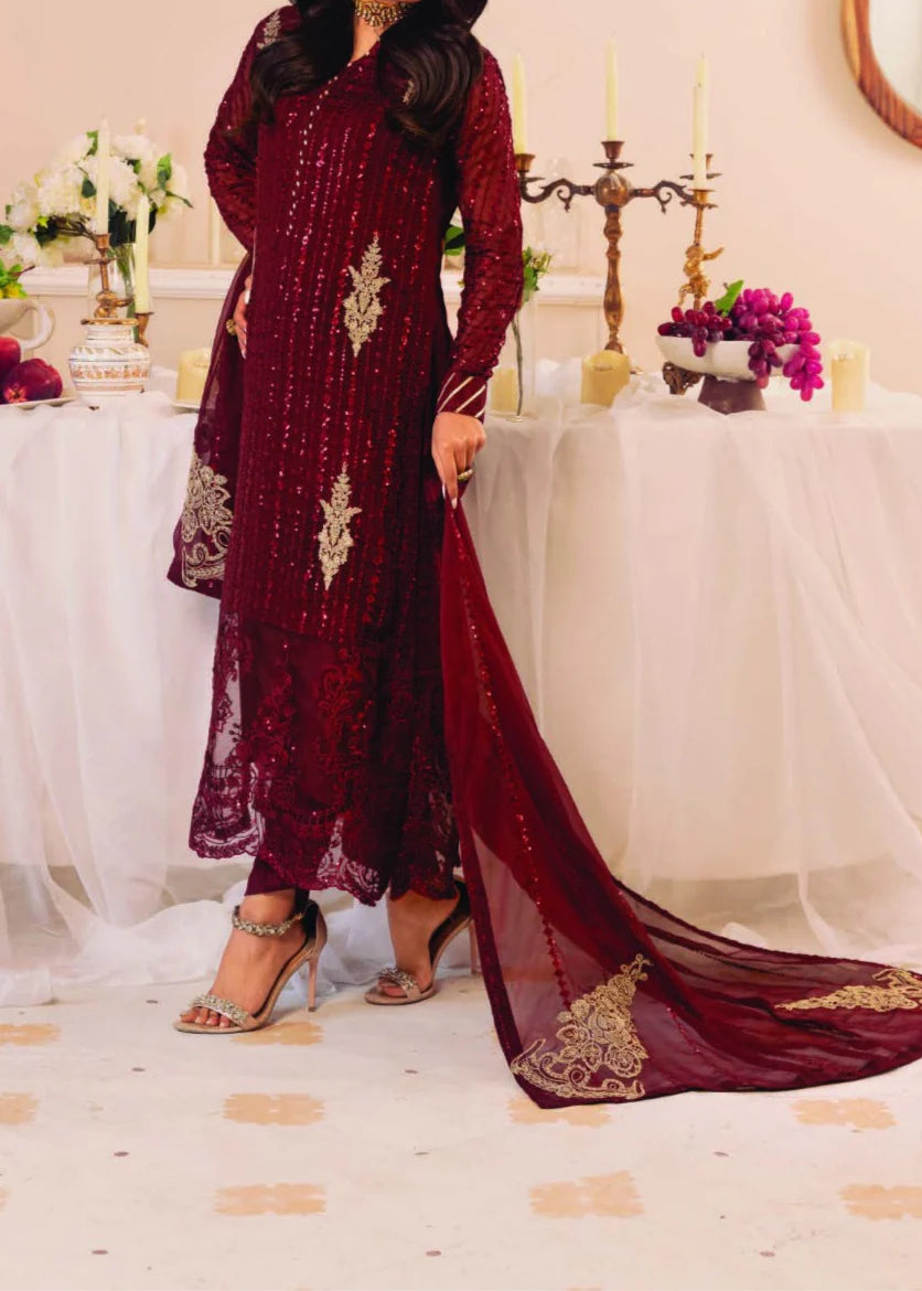 DEEP CLARET– Embroidered Chiffon Unstitched 3Pc Suit.