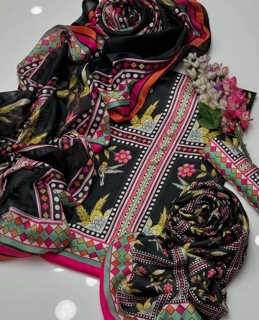 Grace W701 - Digital Printed 3pc Silk dress With Digital Printed Silk Dupatta.