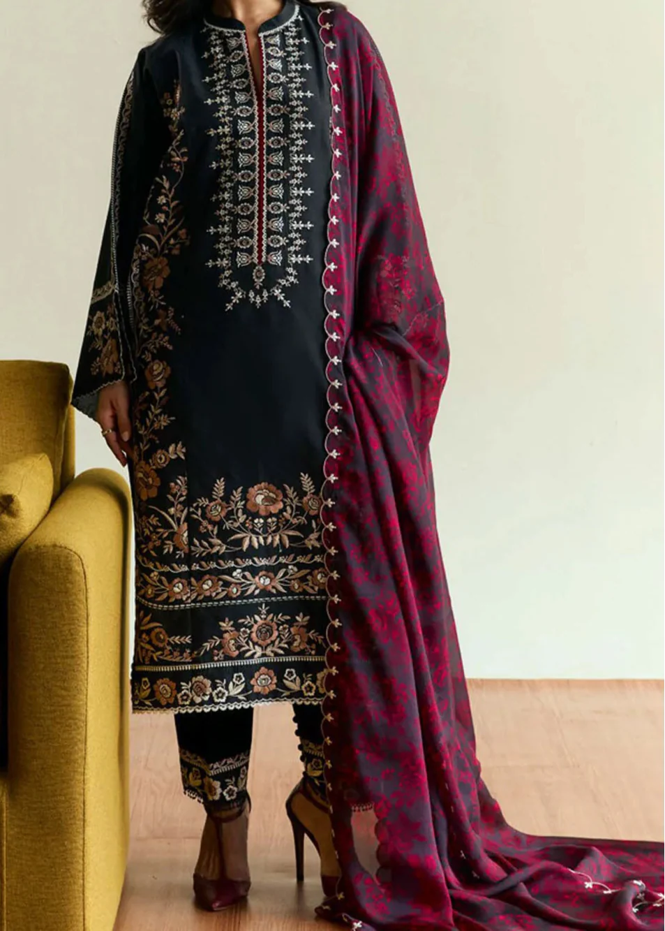 Grace Z-(W738) - Stitched Embroidered 3pc Marina Dress With Printed Shawl.