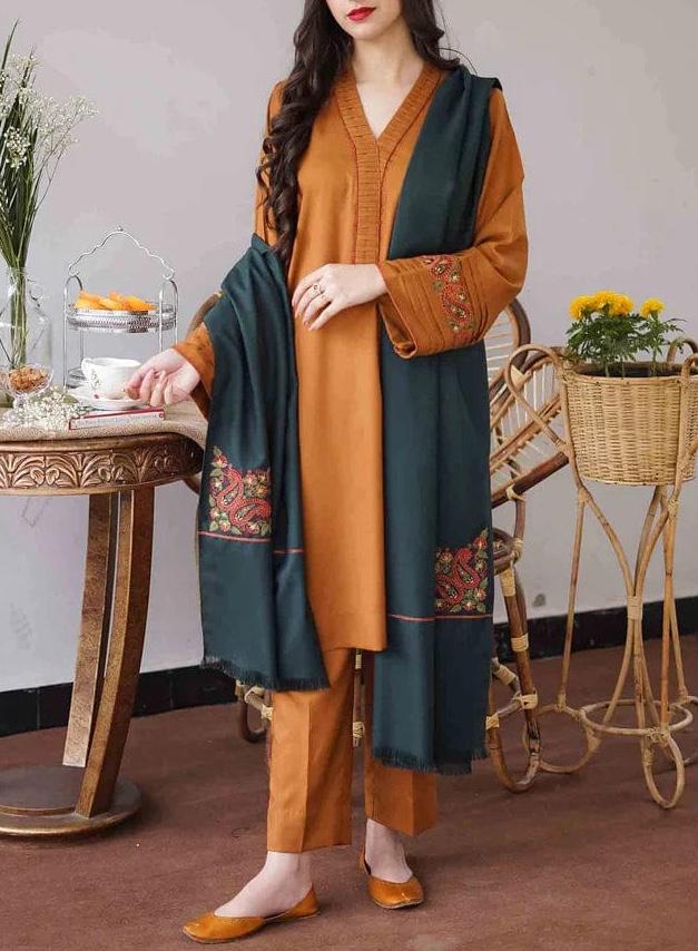 Grace Z-(W104)- Stitched Embroidered 3PC Marina Dress with Embroidered Marina Shawl.