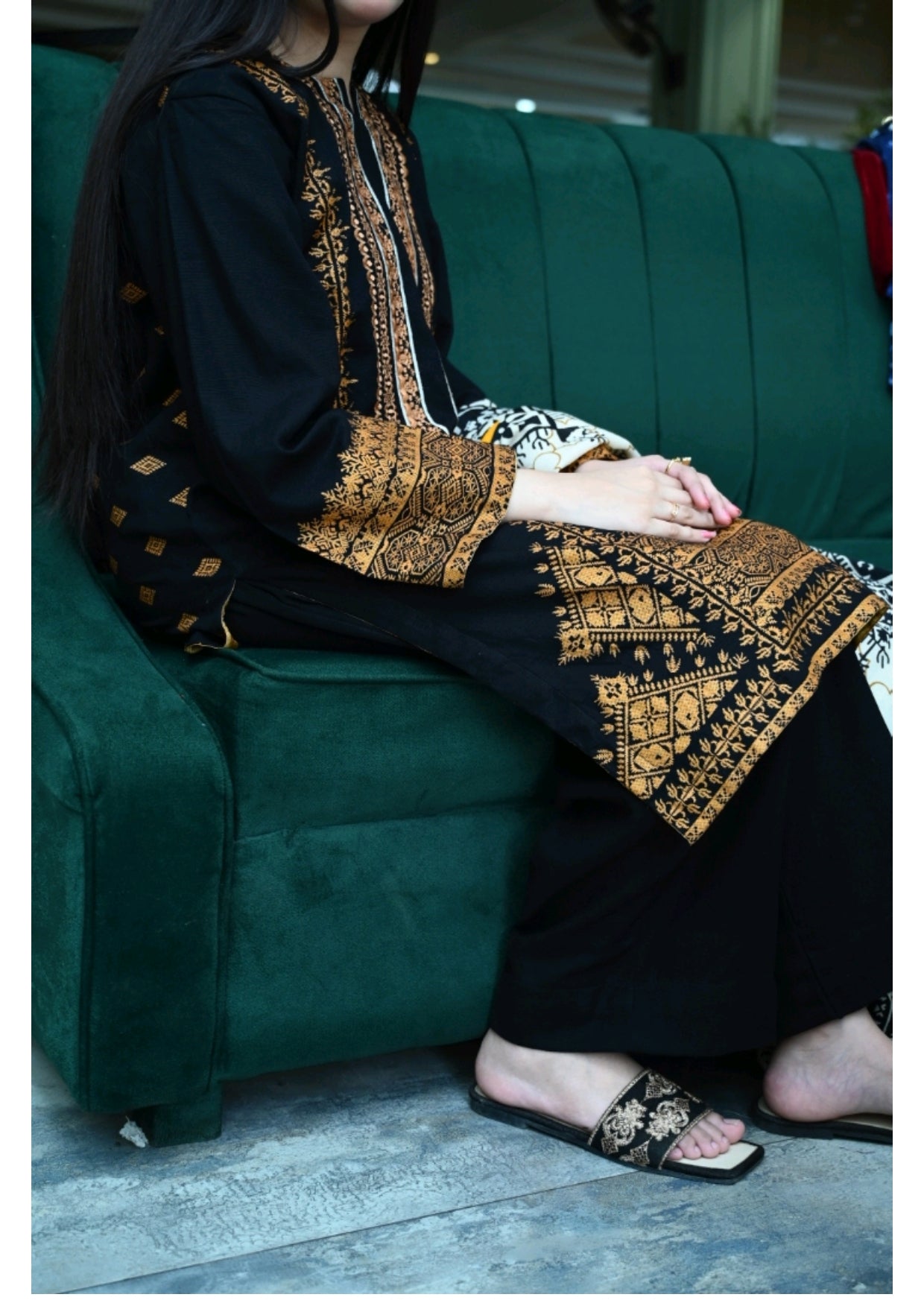 Grace Z-(W102 ) - Stitched Embroidered 3pc khaddar dress with printed shawl.