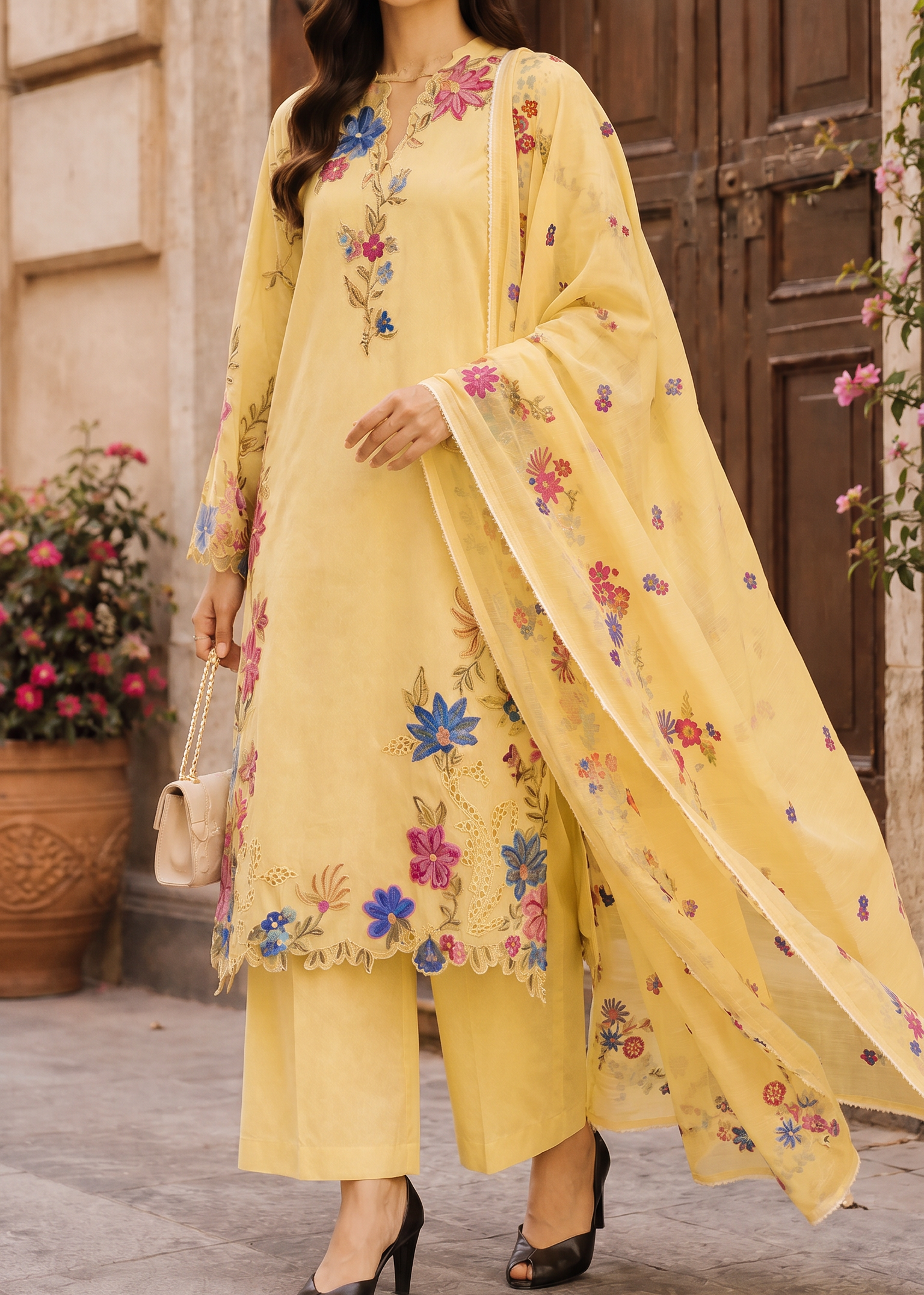 Grace S1500 - Embroidered 3pc CHIKANKARI Lawn Dress With Printed Lawn Dupatta.