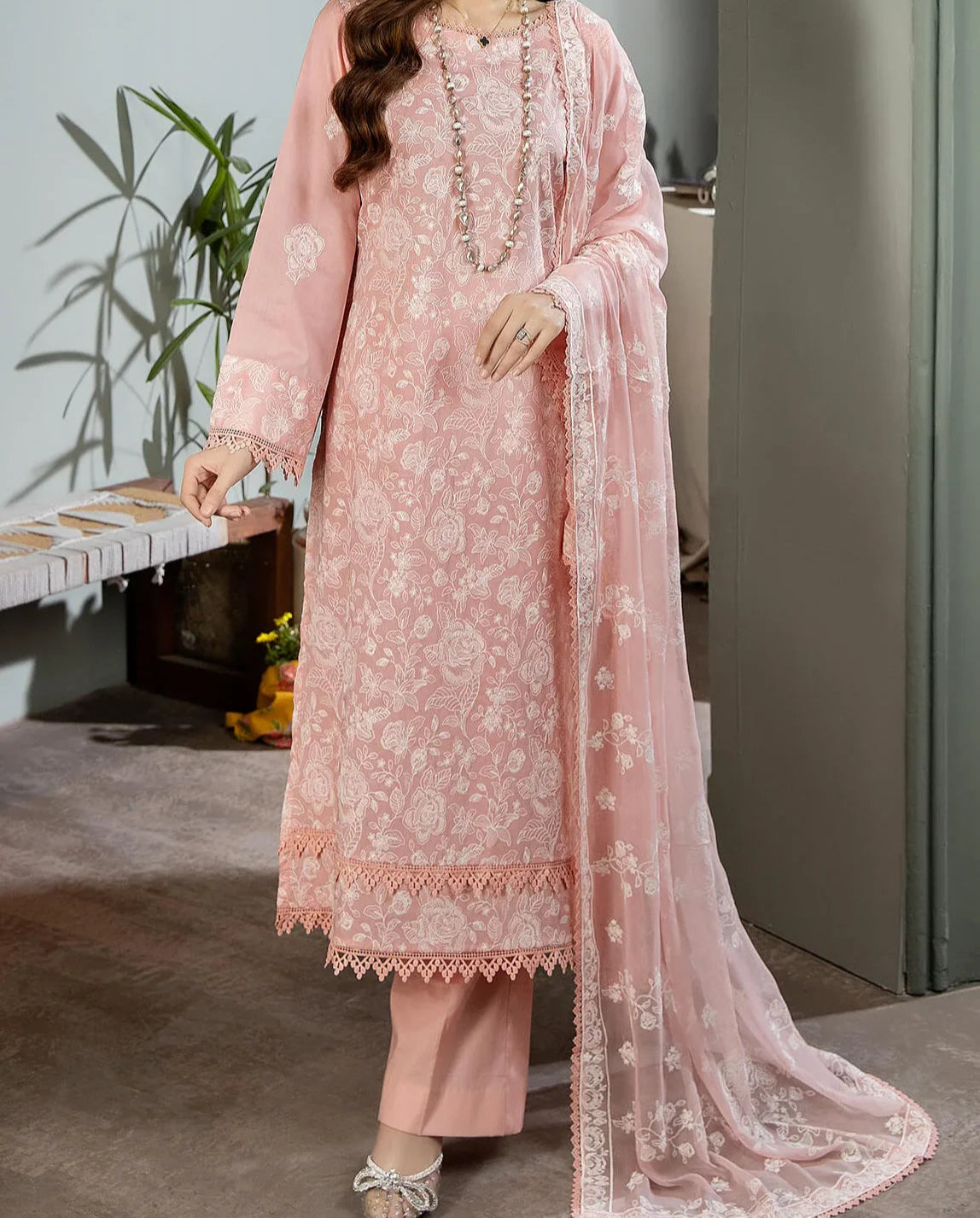 Grace Z(S729)- Stitched Embroidered 3pc Lawn dress with Embroidered chiffon dupatta.