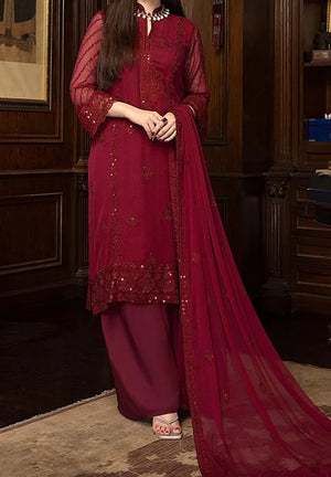 Cherry Red – Embroidered Chiffon Unstitched 3Pc Suit