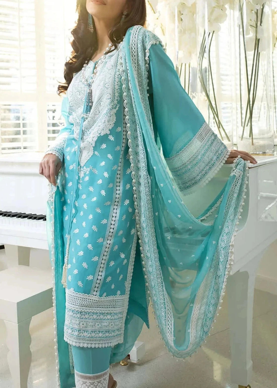 Grace W636-Embroidered 3pc Linen Dress with Embroidered Chiffon Dupatta.