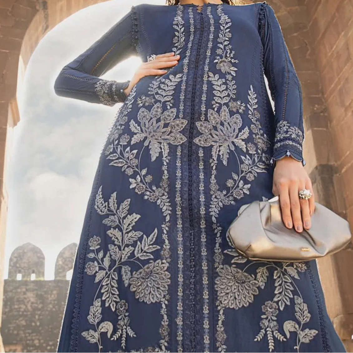 Grace W768 - Embroidered 3pc Marina Dress With Printed Shawl.