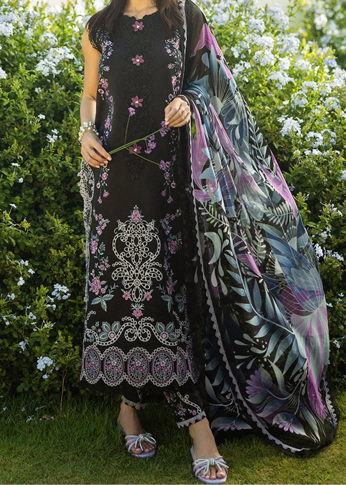 Grace W855-Embroidered 3pc Marina Dress With Printed Shawl.