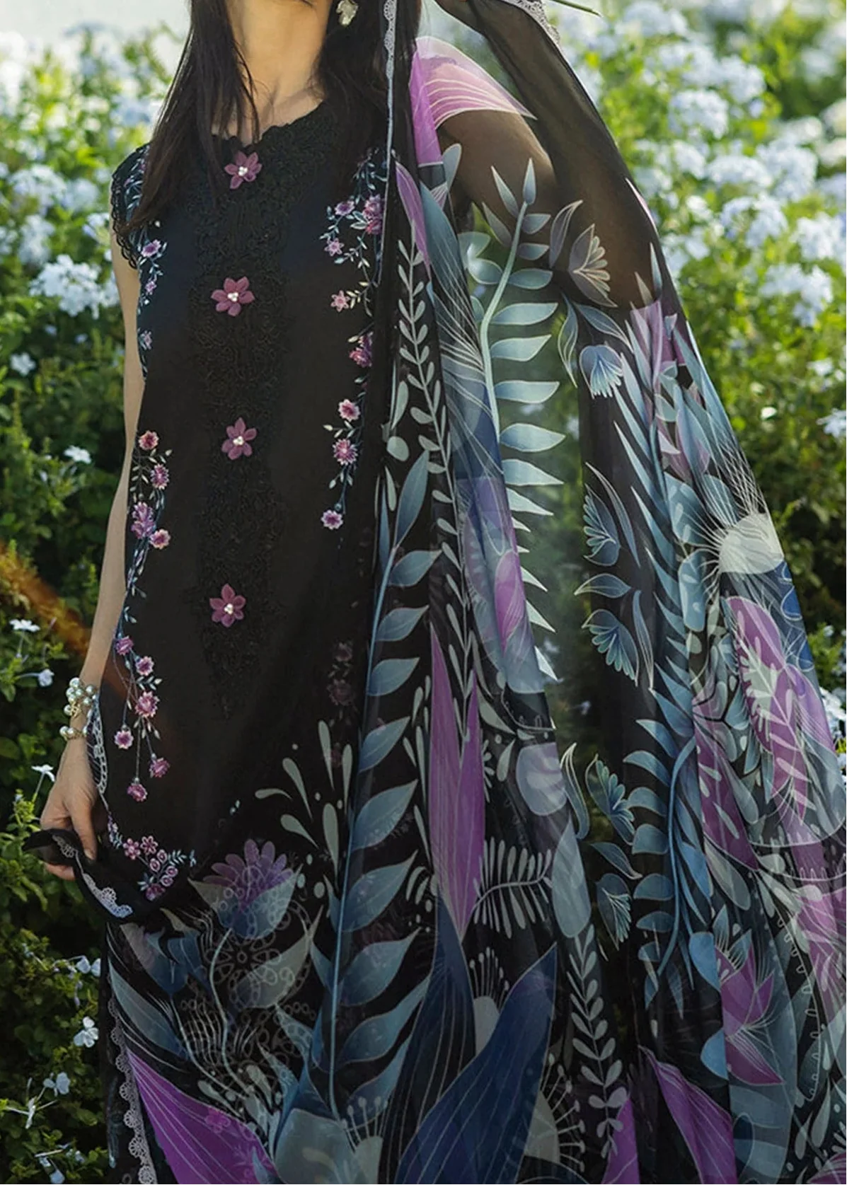 Grace Z-(W855) - Stitched Embroidered 3pc Marina Dress With Printed Shawl.