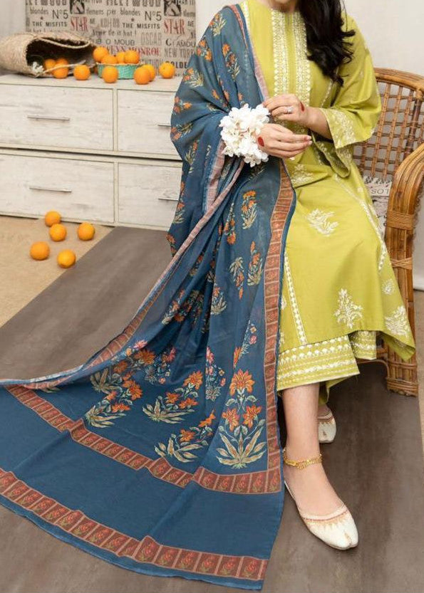 Grace W544-Embroidered 3pc marina dress with Printed shawl.