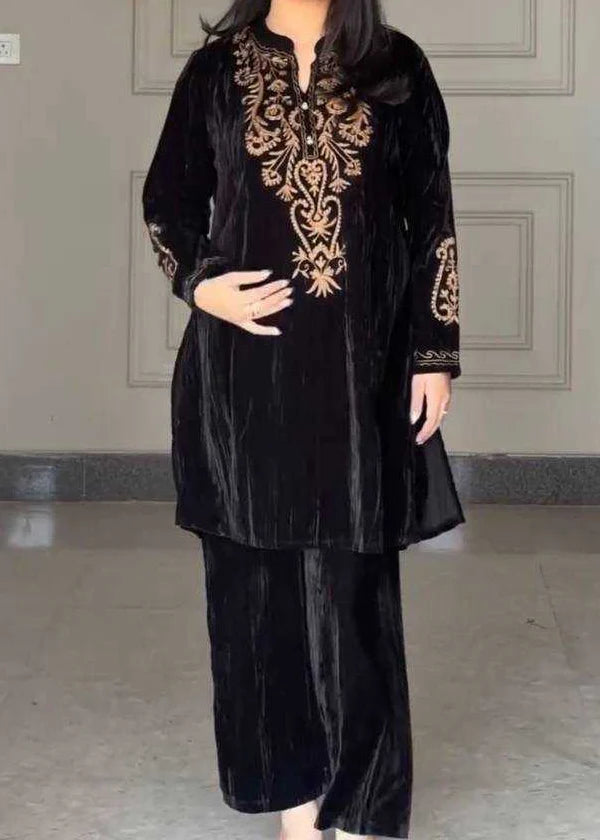 Grace Z-(W996) - Stitched Embroidered 2pc Velvet Dress.