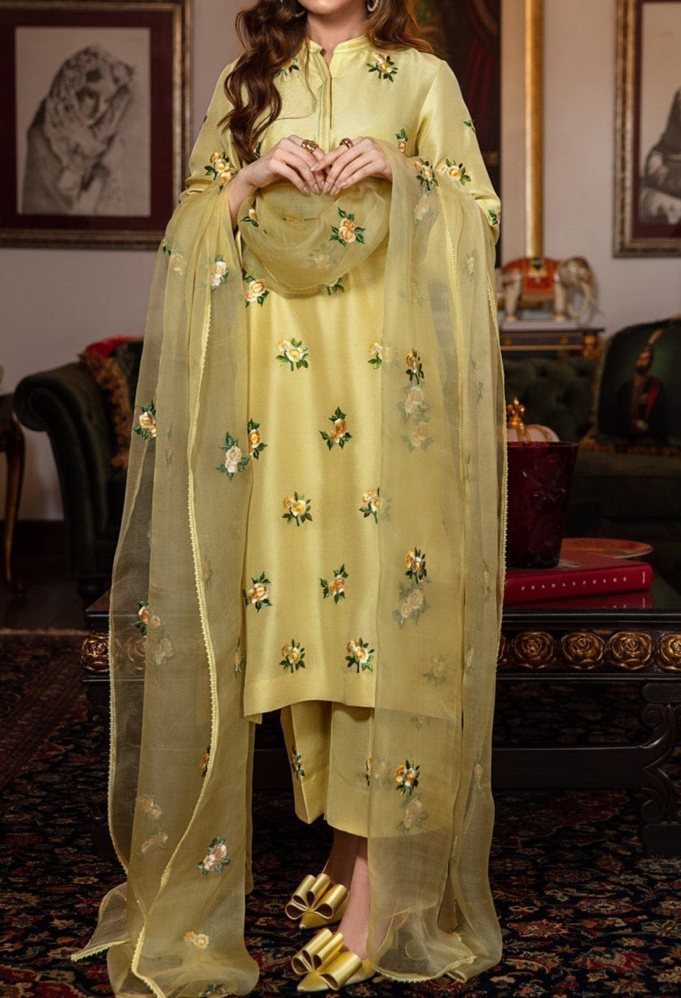 Grace W22- Embroidered 3pc silk dress with embroidered organza dupatta.