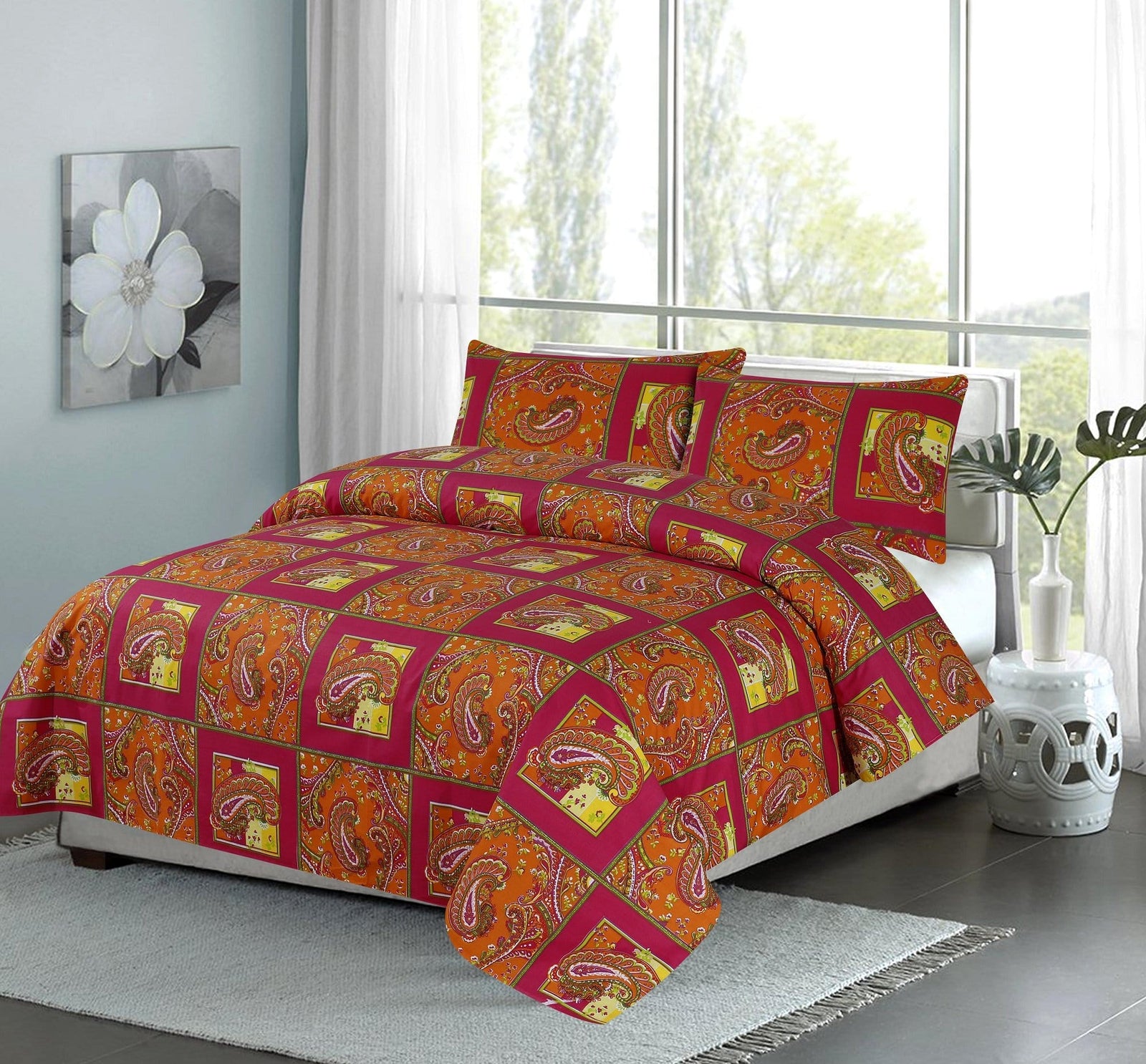 Grace D543-Cotton PC King Size Bedsheet with 2 Pillow Covers.