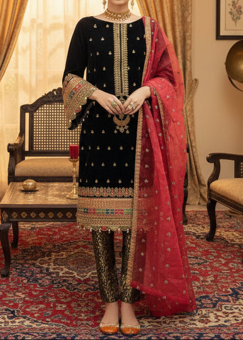 Grace A57- Embroidered 3pc velvet dress with embroidered organza dupatta