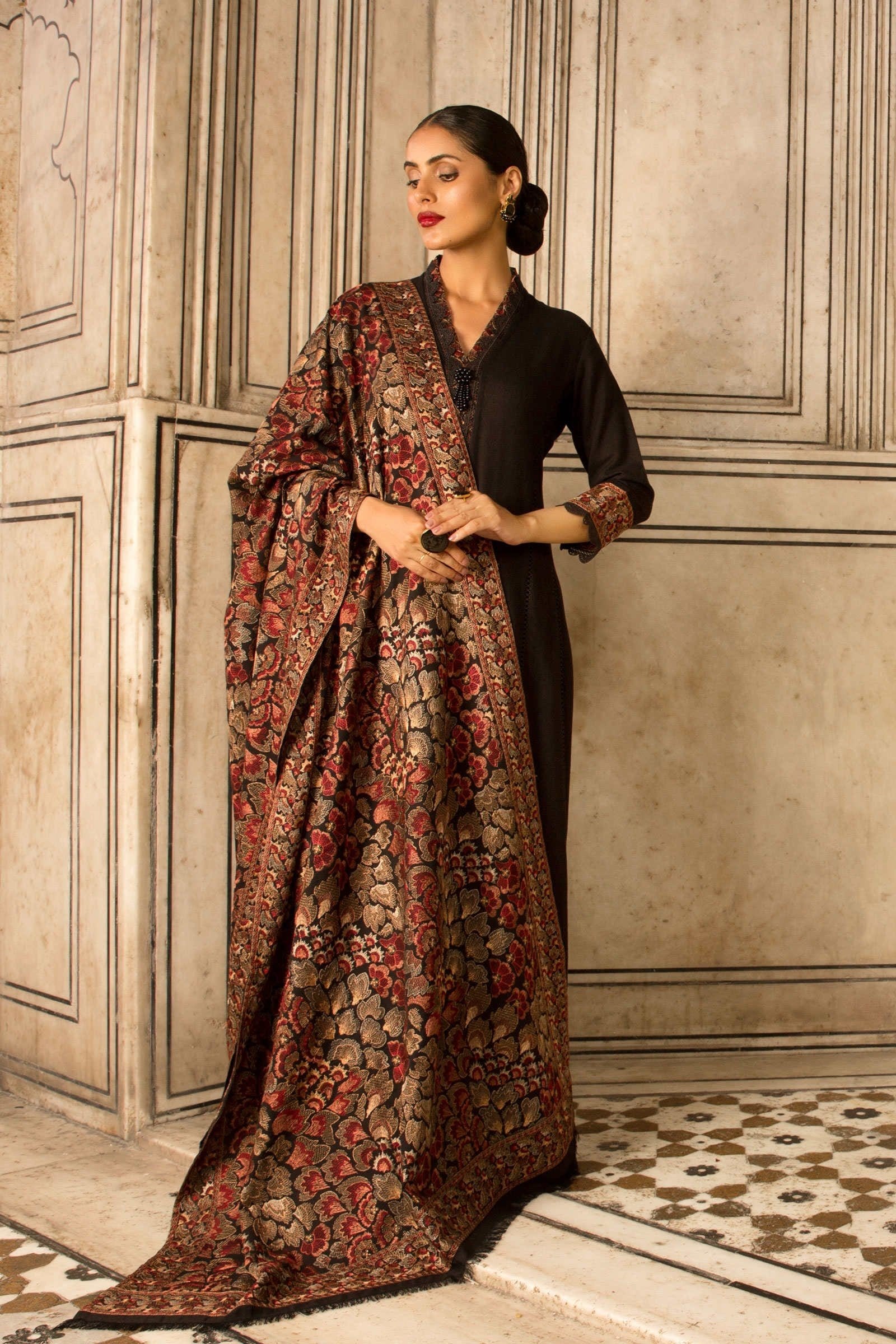 Grace premium D48- Embroidered Karandi black Shawl.