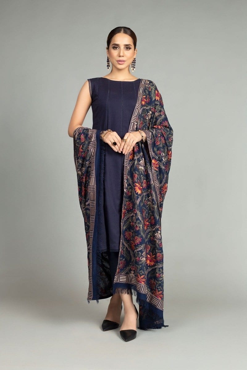 Grace premium D49- Embroidered Karandi Navy Blue Shawl.