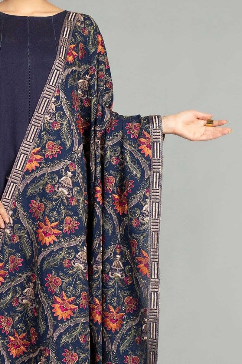 Grace premium D49- Embroidered Karandi Navy Blue Shawl.