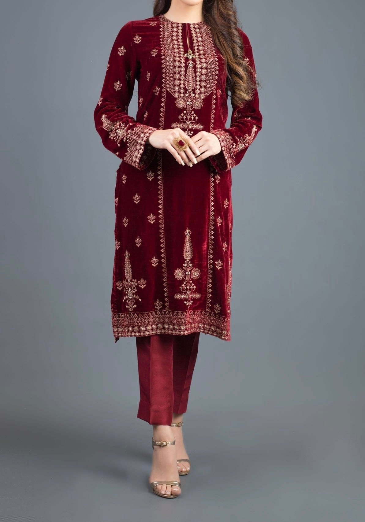 Grace Scarlet - Embroidered Velvet Shirt.