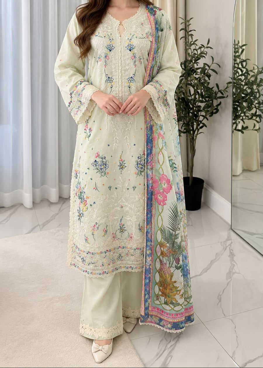 Grace S1635 - Embroidered 3pc Lawn Dress With Printed Chiffon Dupatta.
